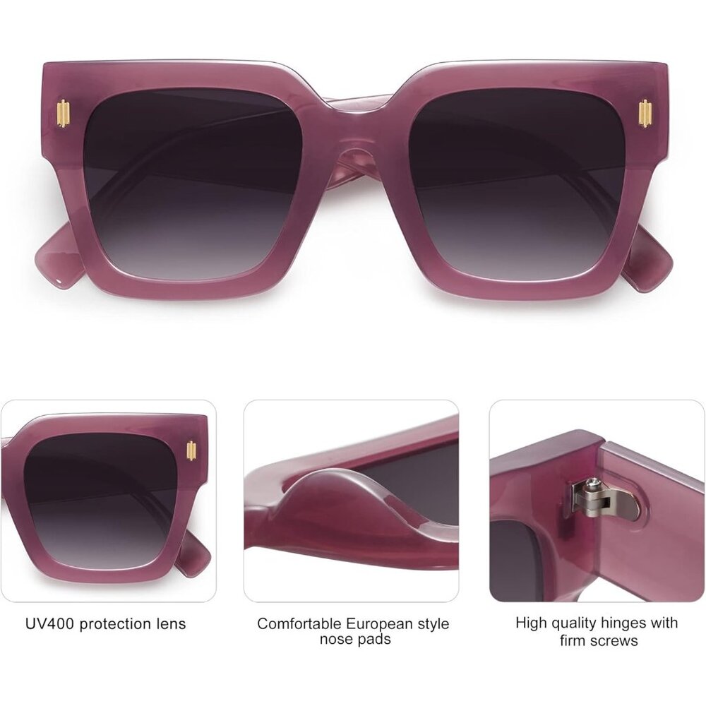 Women's Milky Purple Frame Purple Grading  Vintage Oversized Square Sunglasses - Picture 6 of 7
